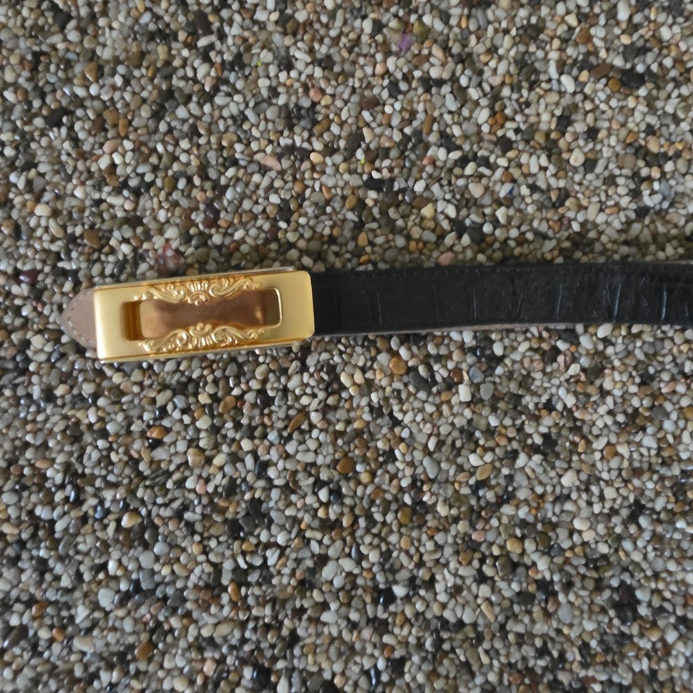 Simon Designs Black Croc Embossed Leather Belt Gold Filigree Buckle Size 30